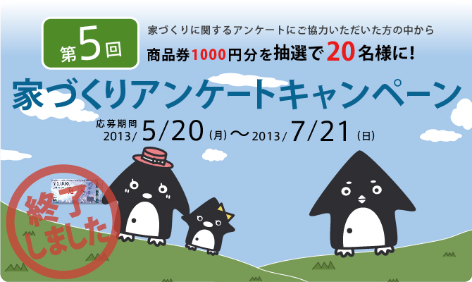 商品券（1,000円分）を抽選で20名様にプレゼント！！第5回　家づくりアンケートキャンペーンは終了しました。